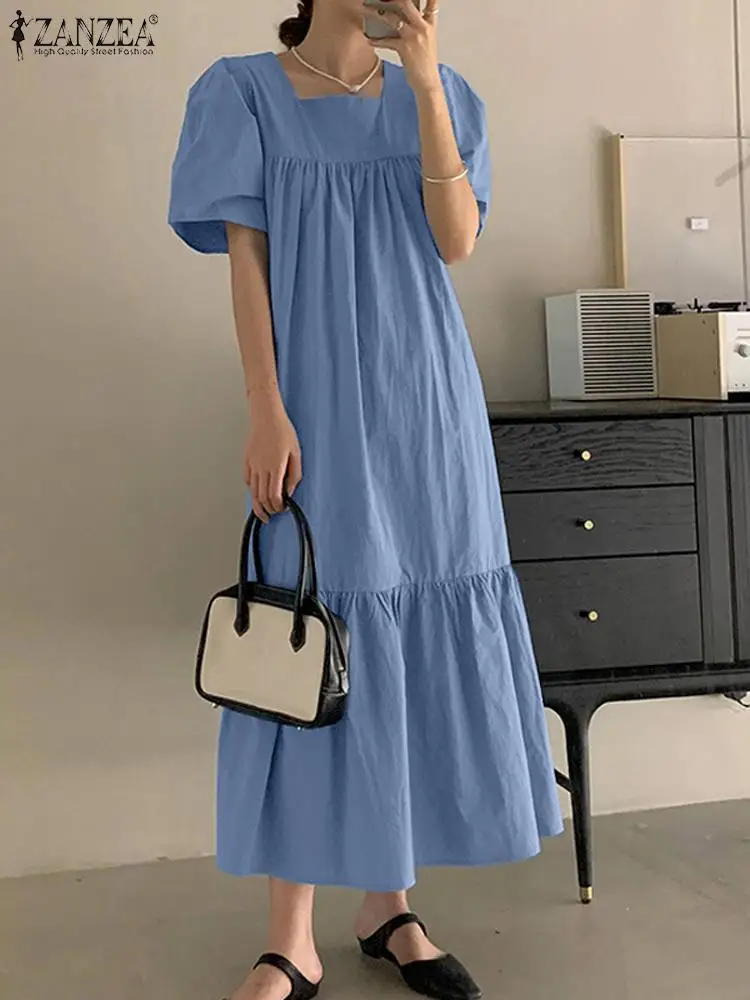 

Платье ZANZEA женское с квадратным вырезом, длинный модный Однотонный сарафан с буффами на рукавах, летнее праздничное