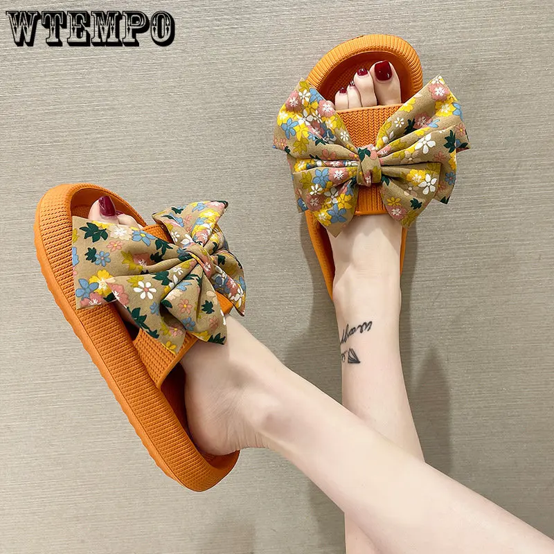 

WTEMPO Cute Big Bow Slippers Women's Summer Outer Wear One-word Drag Non-slip Thick-soled Beach Slippers Wholesale Dropshipping