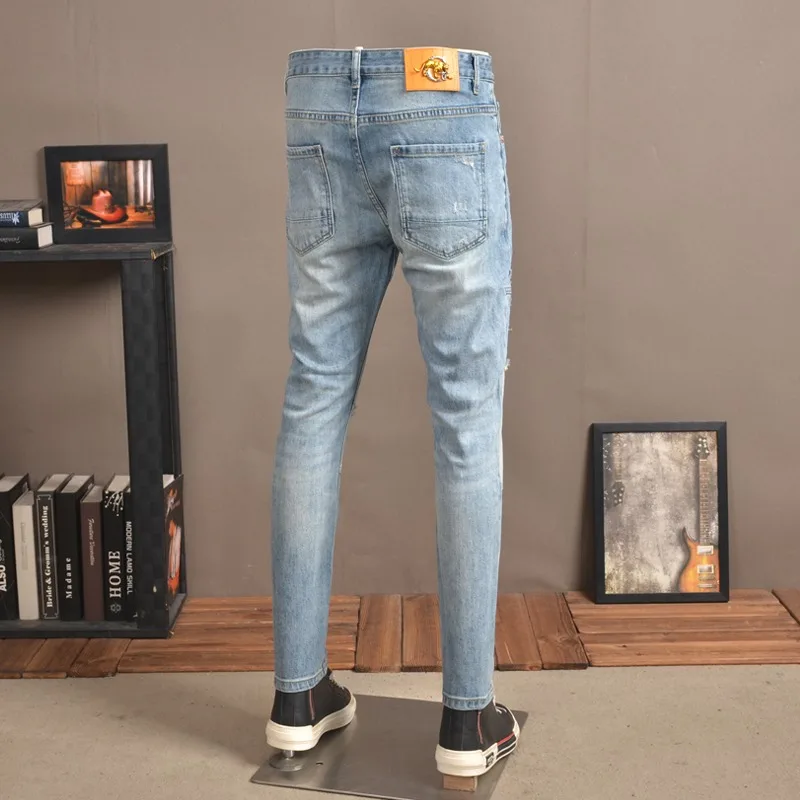 Summer Ripped Jeans Men Streetwear Casual Light Blue Patchwork Patches Pants Korean Style Fashion Slim Fit Denim Trousers