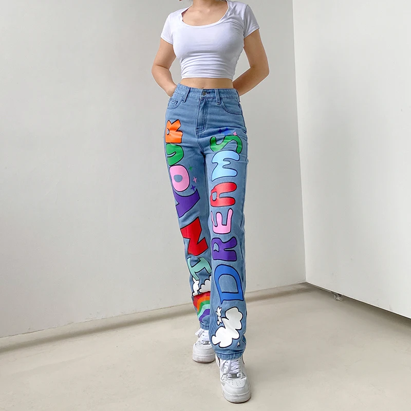 2022 High Waist Cartoon Letter Print Pants Slim Women's Fried Street Personality Hip Hop Women's Jeans Casual Denim Cotton Pants