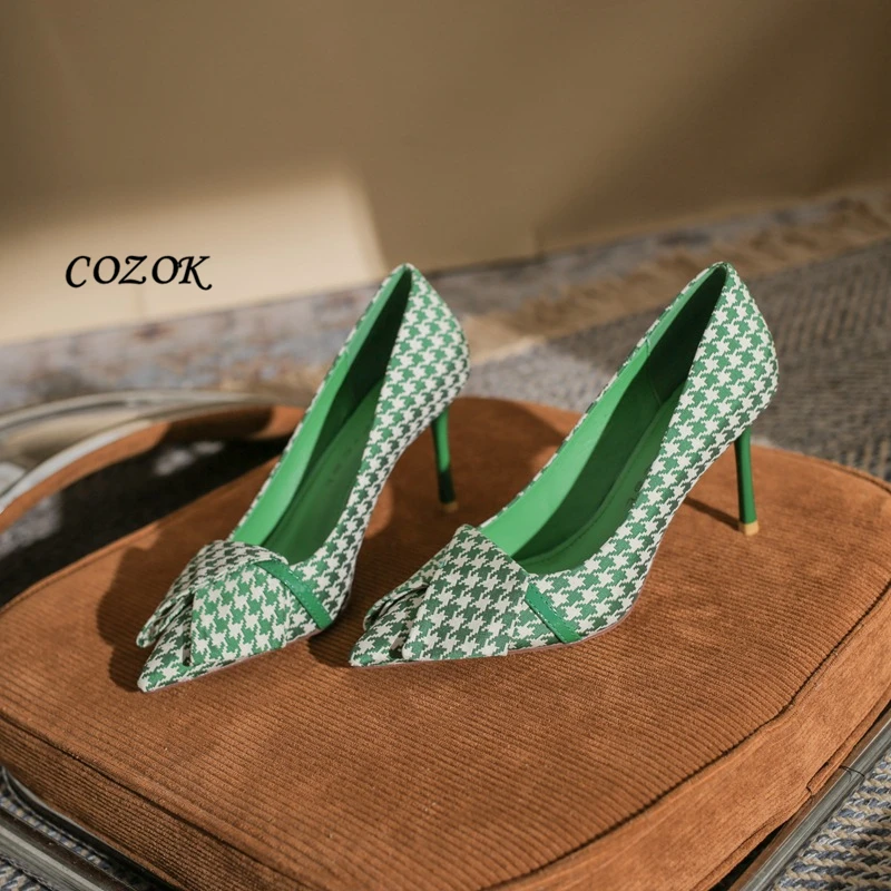 

Elegant Office Ladies High Heels Houndstooth Print Fashion Pointed Shallow Womens Heels