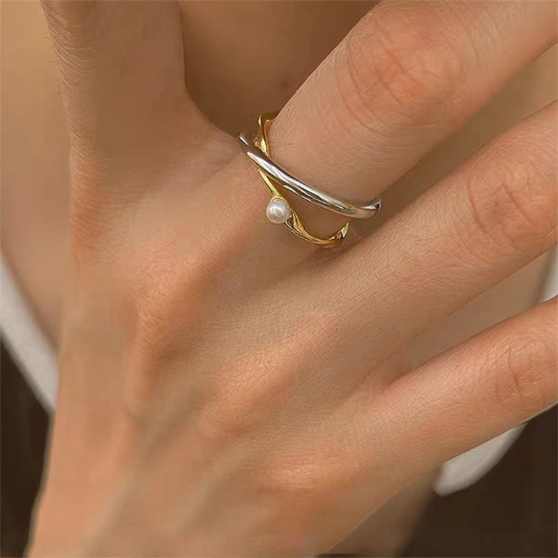 

Korean New Original Design Fashion Personality Metal Stainless Steel Pearl Opening Ring Women Anniversary Gift Girl