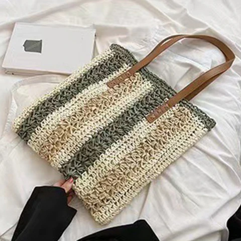 Женская Плетеная соломенная сумка, летняя пляжная сумка ручной работы с квадратными ручками