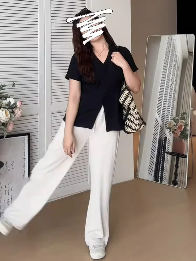 Plus size Black V-neck Shoulder Short sleeve T-shirt Women Summer New Chubby Girl Loose Belly Covering Hide Meat Slimming Shi... |