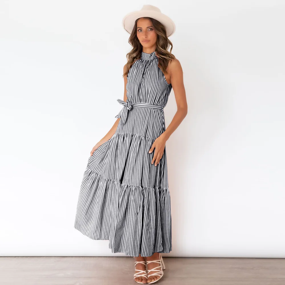 

Fdfklak Summer New Clothes Striped Halterneck Dress Slim Temperament Long Dresses For Women 2022 Lace-up Black Vestido Feminino