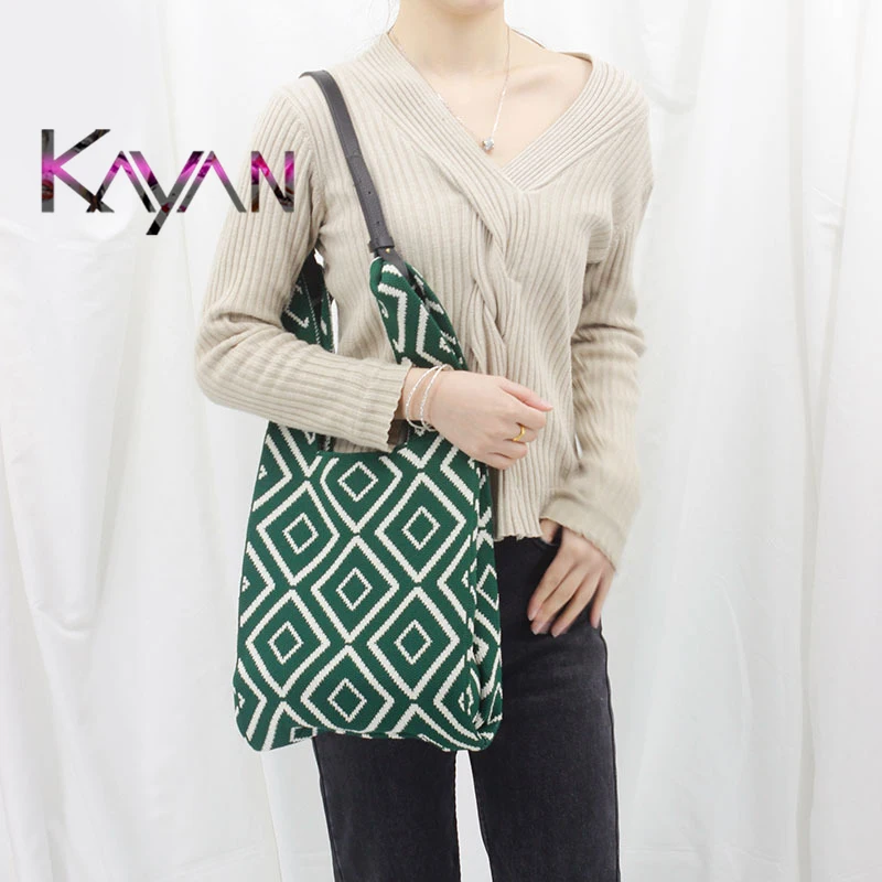

Retro knitting Shoulder Tote Bag Women woven Shopping handbag Female Plaid Wollen Crochet underarm bag Beach Student Bag