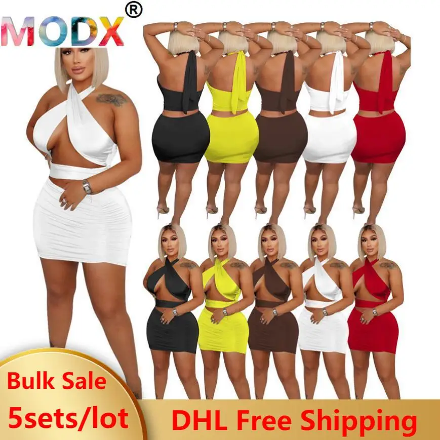 

Summer 2 Piece Set Skirts Women Dresses Vacation Outfits Solid Crop Top Mini Skirt Y2k Clubwear Female Clothes Wholesale 7009