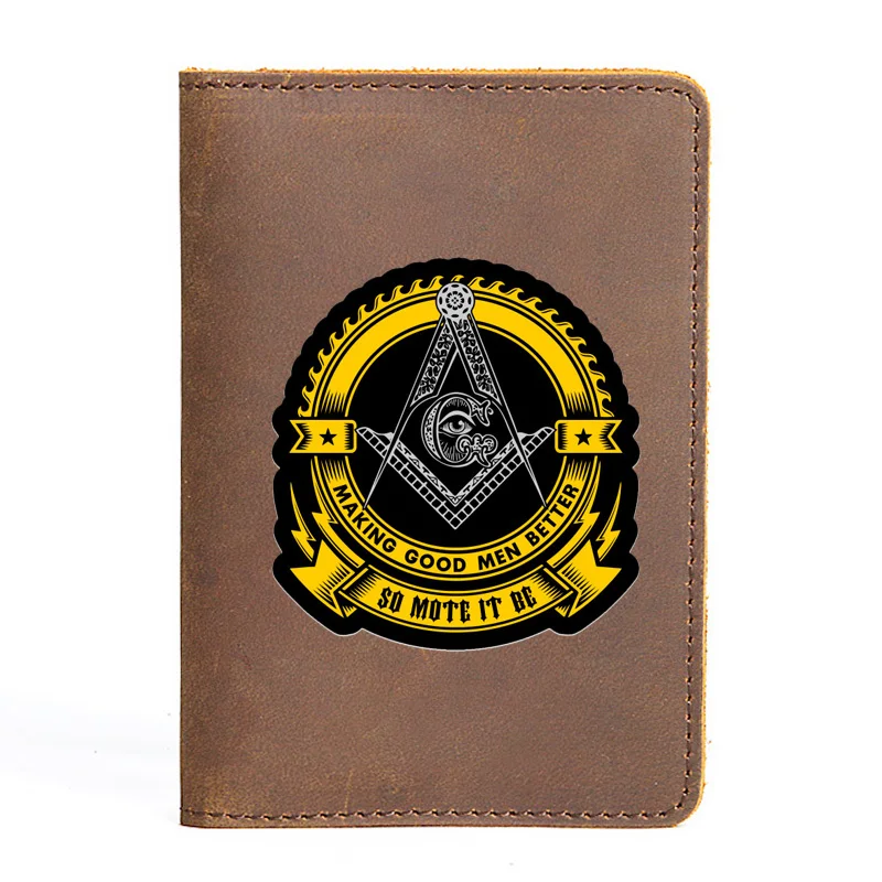 Genuine Leather Passport Cover Freemasonry So mote It Be Vintage Slim ID Card Holder Pocket Case Travel Wallet BX465
