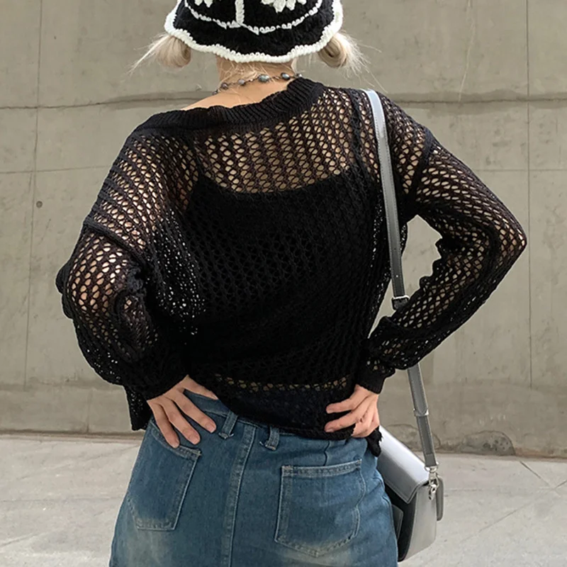 

Hollow Out Sweater Y2K Vintage Women Casual Grunge Harajuku Shirts Loose Knit Pullovers Smock Clothes Pullover