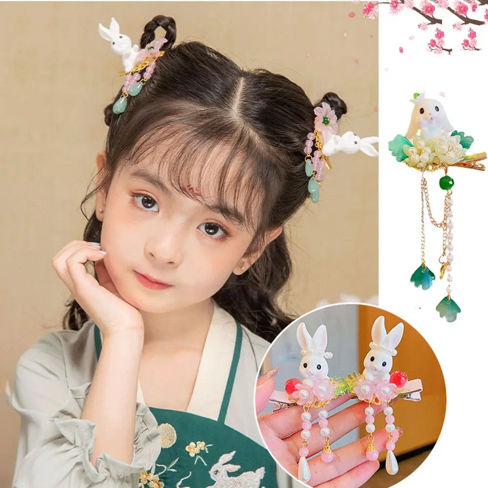 

2pcs/set Children's Hanfu Ancient Rabbit Hairpin Exquisite Flower Tassel Pendant Hairpin Baby Antique Hair Accessories