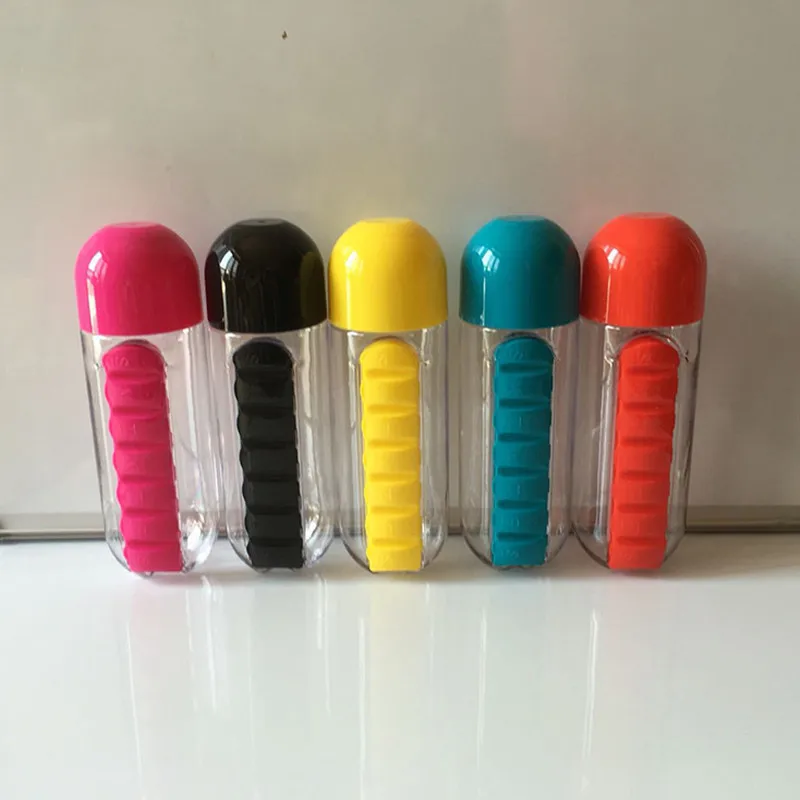 

Portable 600ML Water Glass Bottle Pill Box 2 in 1 Outdoor Travel Water Bottle Medicine Cup Plastic Bottles