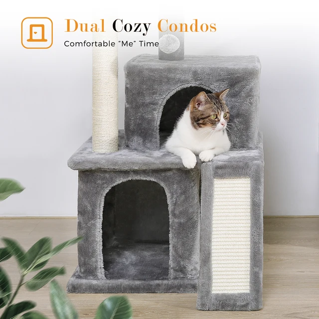 Cat Tree Luxury Cat Towers with Double Condos Spacious Perch Cat Hammock Fully Wrapped Scratching Sisal Post and Dangling Balls 4