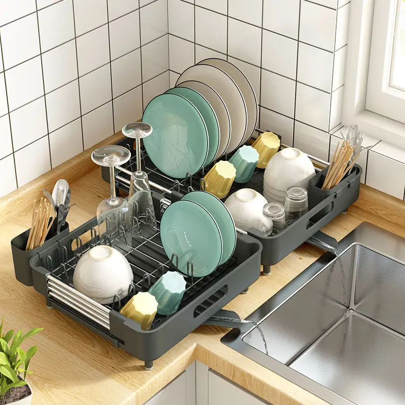 

Алюминиевая стойка для посуды из нержавеющей стали, кухонный стеллаж для хранения, стеллаж для слива, раковина с подносом, стойка для пласти...