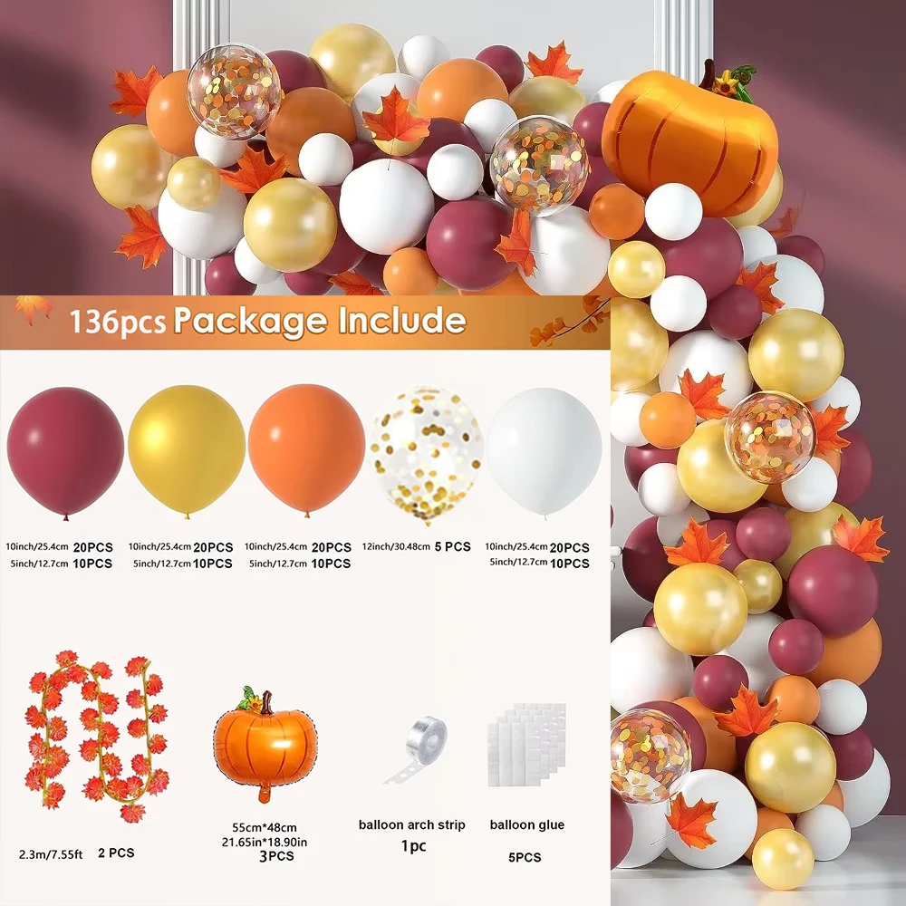 

Набор гирлянд из воздушных шаров с кленовыми листьями Orange White Pearl Gold