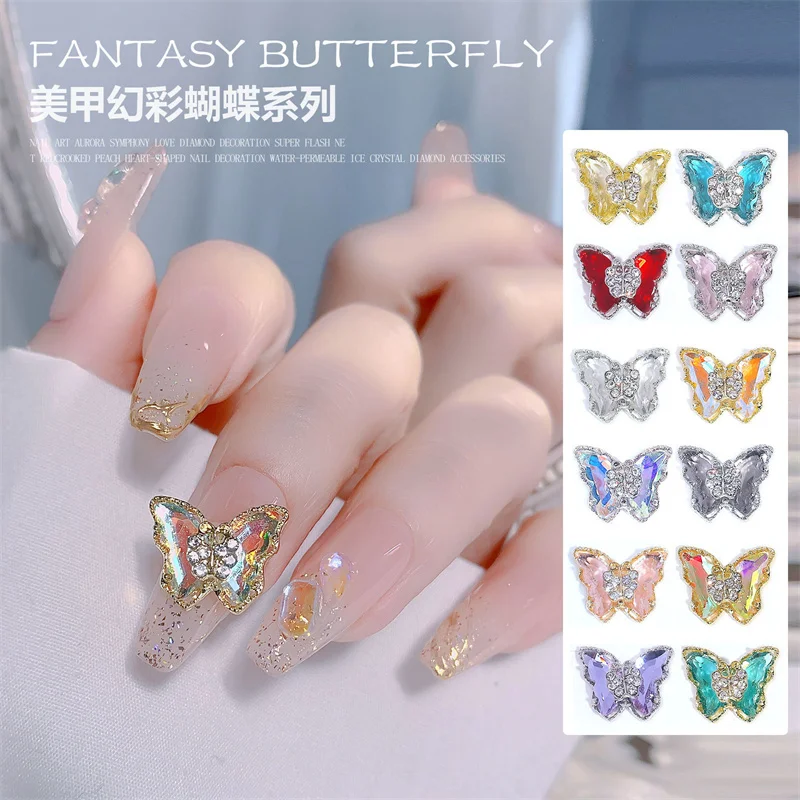 

10Pcs 3D Alloy Zircon Nail Charms Jewelry 12.4*14mm Butterfly Design Luxury Metal Diamonds Rhinestones Glitter Nail Art Decors