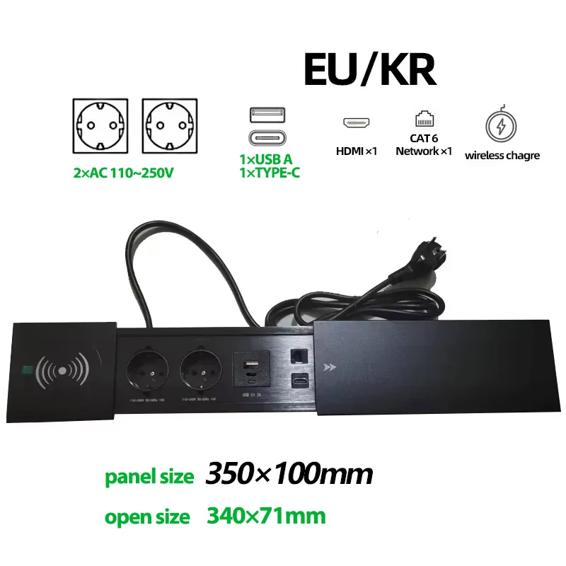 FUNAYA  скрытая настольная розетка 2+3 гнезда с беспроводной зарядкой чёрная