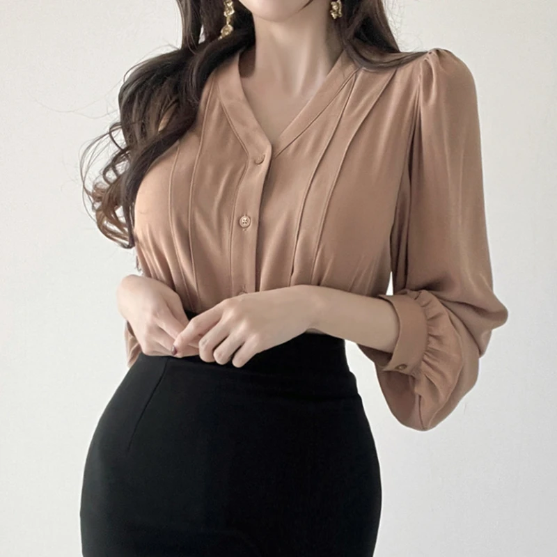 

Elegant Autumn Blouses For Women Casual V-Neck Single Breasted Puff Long Sleeve Silk Femme Shirts Tops French Chic Woman Blusas