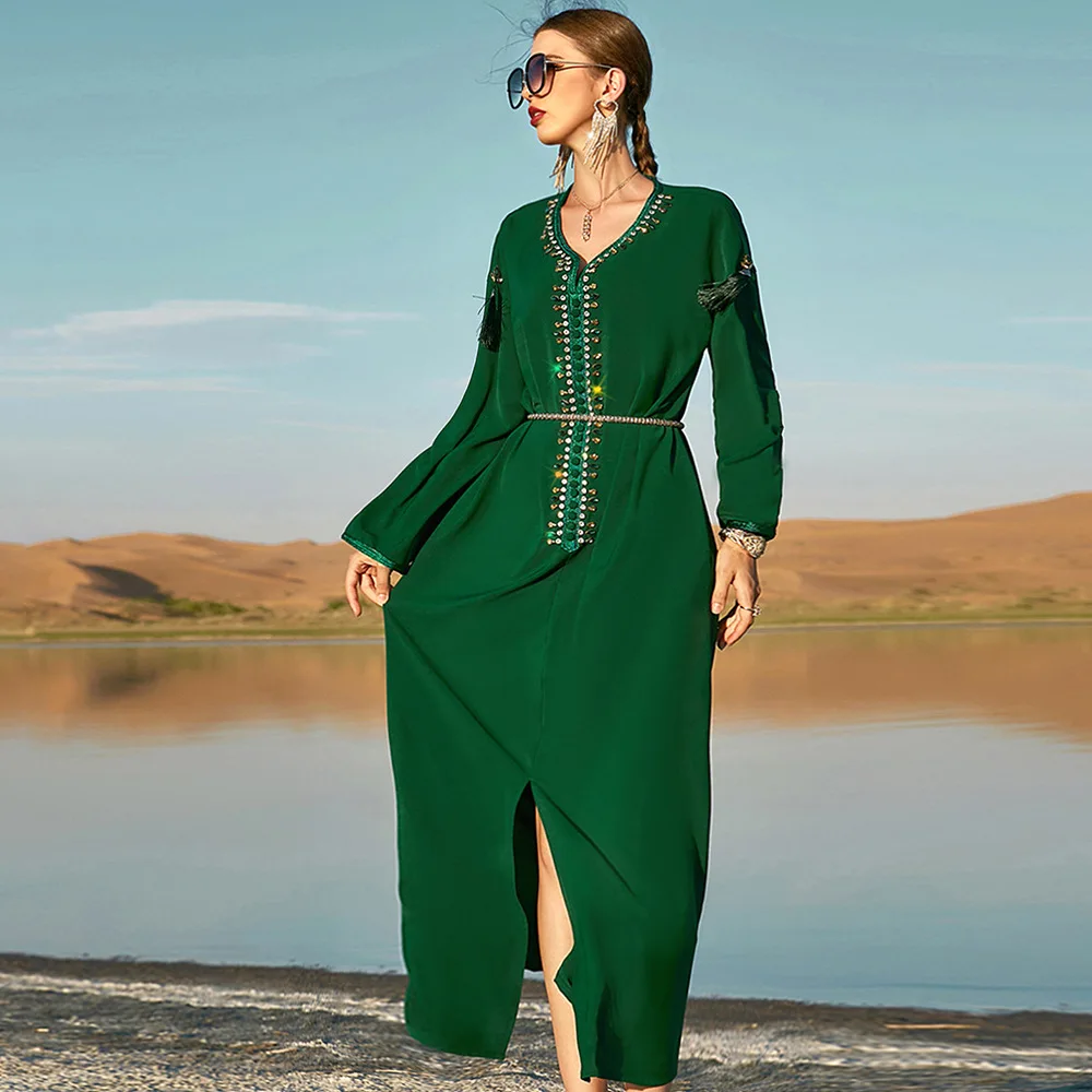 

Abaya Caftan Dresses Women Rhinestone 3D Tassel Fashion Luxurious Beads Jellaba Moroccan 2022 Long Sleeve Maxi Dresses Summer
