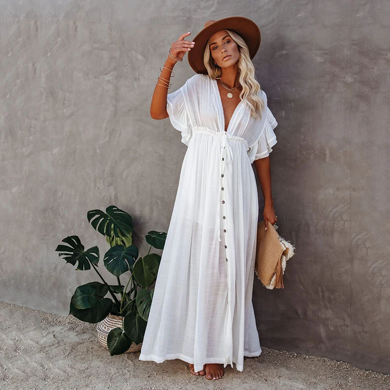 

Sexy Bikini Cover-ups Long White Black Tunic Casual Summer Beach Dress Elegant Women Plus Size Beach Wear Swim Suit Cover Up