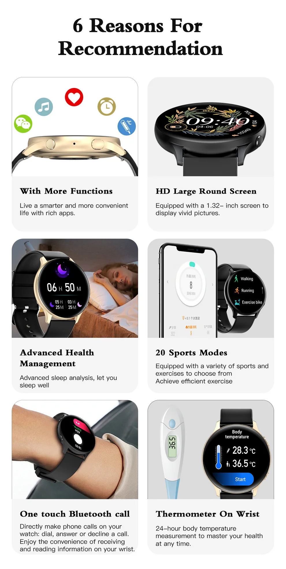 One Touch Bluetooth Call MX15 Smart Watch Body Termperature Detection 360 HD Voice Assistant Fitcloud Pro APP 3D Glass Mirror