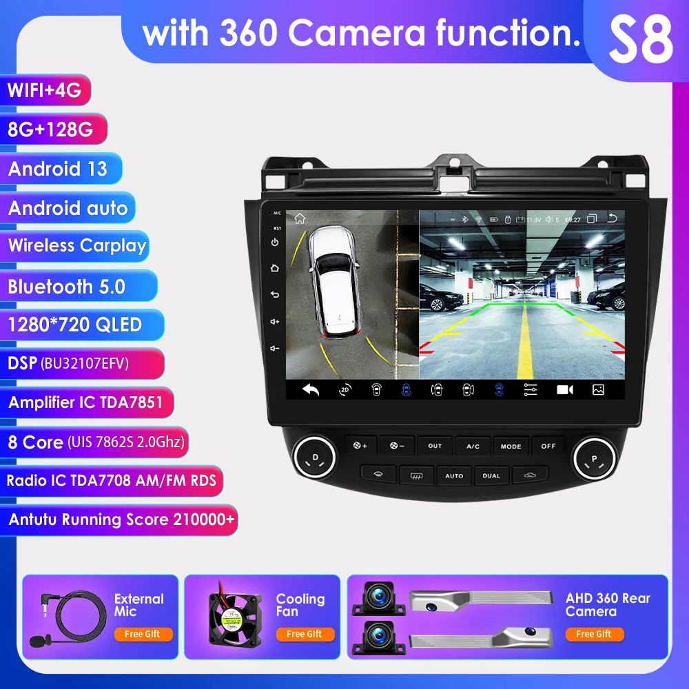 

Автомагнитола Hizpo 2Din, мультимедийный видеоплеер для Honda Accord 7 128-2003, 8 ГБ + 2007 ГБ, Android, 4G + WiFi, DSP, CarPlay, GPS-навигация