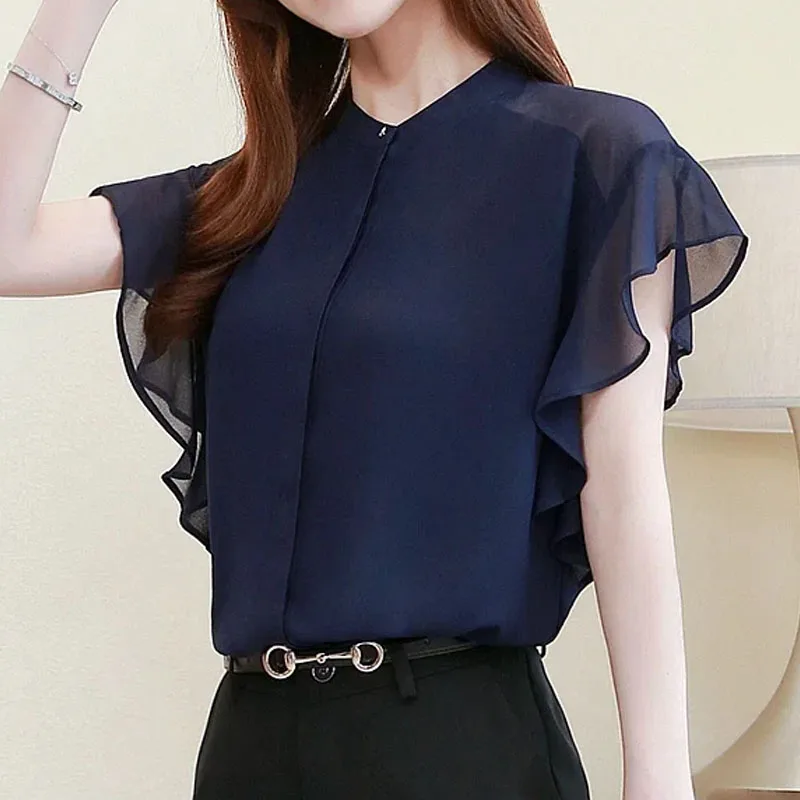 Женская шифоновая блузка с коротким рукавом и воротником-стойкой