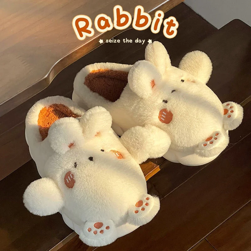 2022 Winter Newin Cartoon Rabbit Cotton Slippers Thick Bottom Home Indoor Couple Woolen Slippers Moon Shoes Female Non-slip Warm