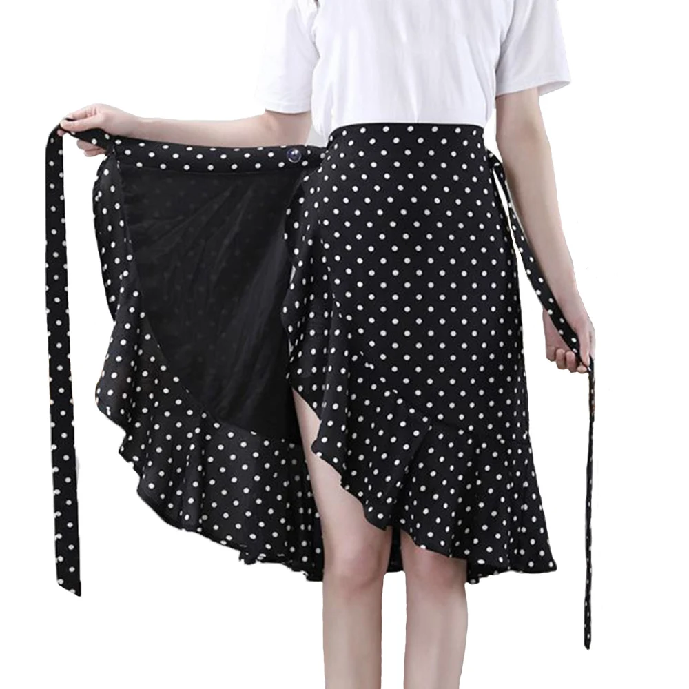 

Summer Female Casual Wrap Skirt Women Irregular Ruffled High Waist Wide Leg Split Mermaid Chiffon Long Skirt Polka Dot