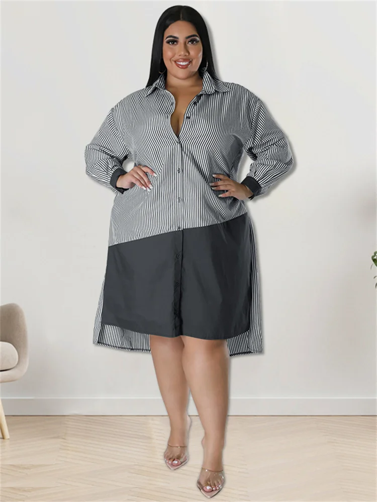 Plus Size Dresses for Women New Fall Clothes Elegant Striped Patchwork Streetwear Maxi Shirt Dress Who 3xl 4xl 5xl 6xl