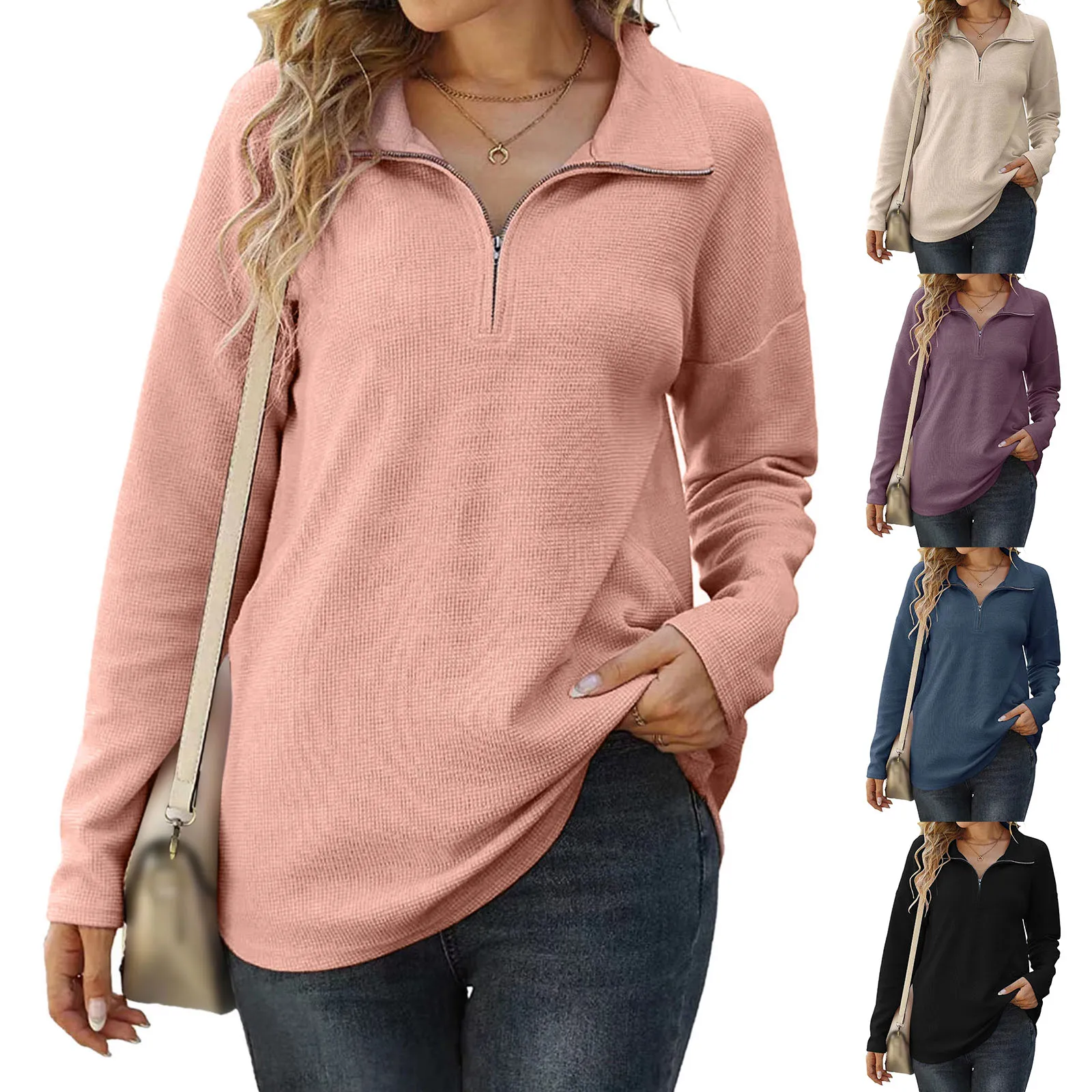 

Женский свитшот на молнии с длинным рукавом и разрезом сбоку