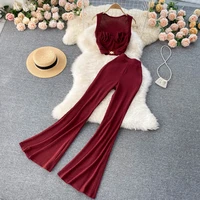 spring women redblackwhite two piece set elegant square collar short tops high waist flare pants fashion suits female 2022