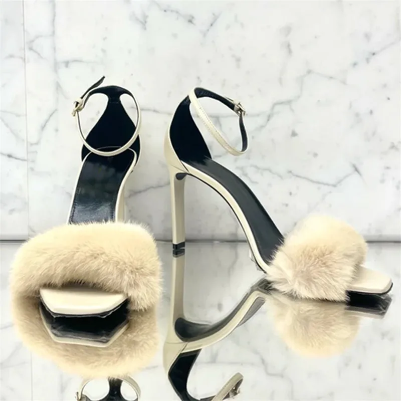 

Sexy Black Women Sandals Fur Decor Square Toe High Heel Dress Shoes Woman Summer Gladiator Sandal Women Pumps Stiletto