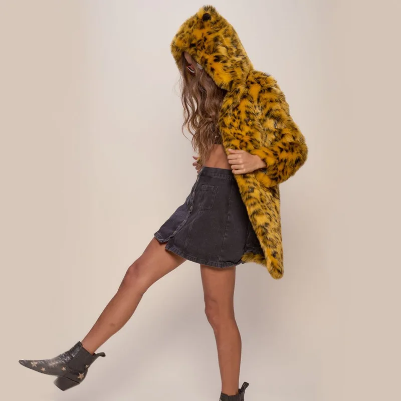 Women's Fur Leather Fur Coat Yellow Leopard Print Faux Fur Coat Female Hooded with Ears Cartoon Plush Coat Faux Fur Coat