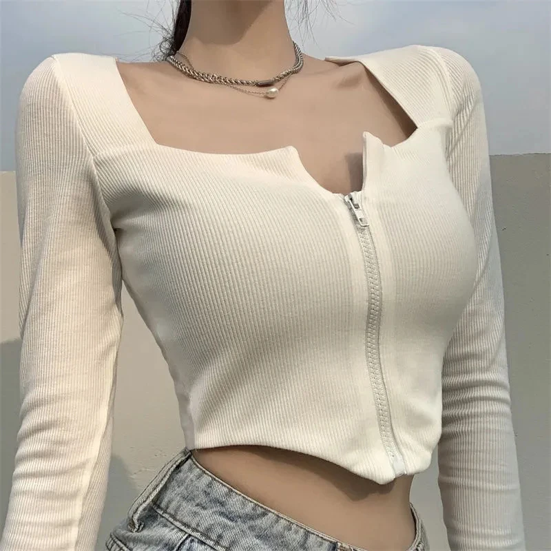 Zoki Sexy Slim Low Cut Crop Tops Women Y2K Fashion Thin Irregular Zipper Cardigan Summer Korean All Match Long Sleeve T Shirts