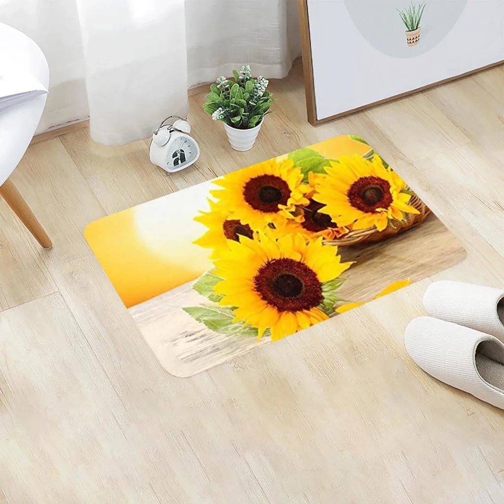 

Sunflower Funny Doormats for Entrance Way Indoor Front Door Welcome Rugs Sunflower Wood Board Printed Non-Slip Bath Mat
