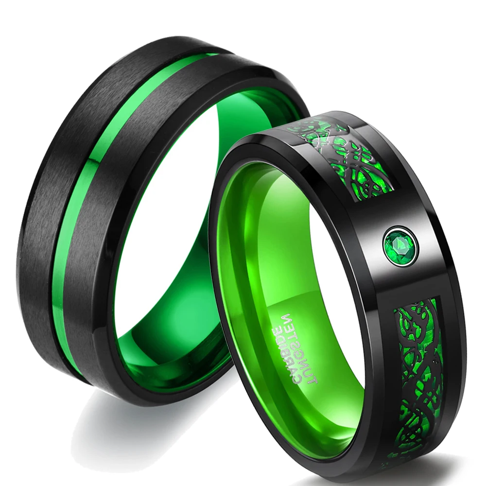 Fashion 8mm Men Black Tungsten Wedding Celtic Dragon Ring Inlaid Green Zircon Punk Men Stainless Steel Green Carbon Fibre Ring