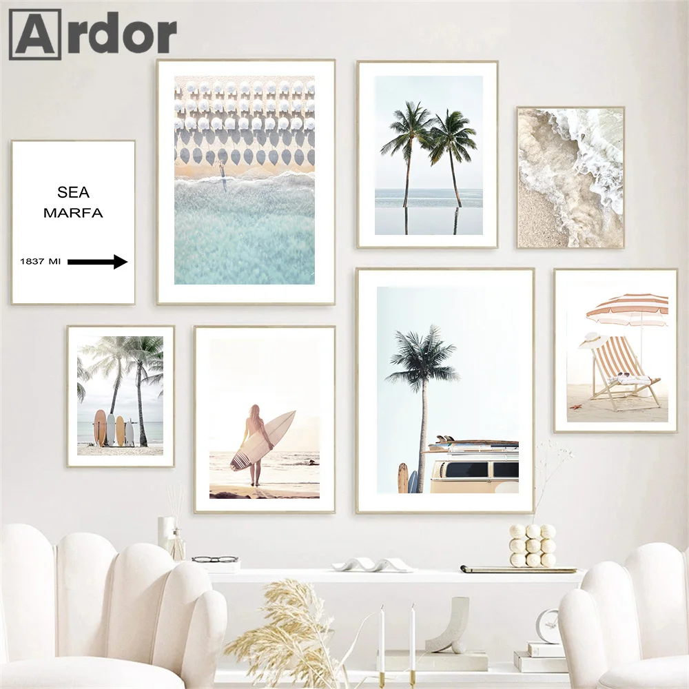 

Sea Beach Waves Conch Surfboard Palm Tree Wall Art Canvas Painting Nordic Poster And Prints Landscape Pictures Living Room Decor