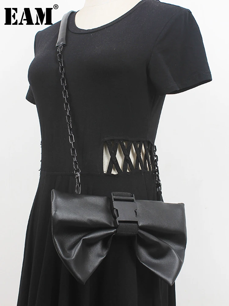 

[EAM] Women New Pu Leather Black Bow Pleated Long Personality Accessories Fashion Tide All-match Spring Autumn 2023 1DE8629