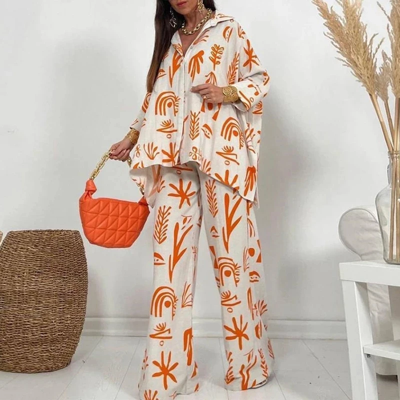 

Women Casual Two Piece Sets Fashion New Turn-down Collar Tops and High Waist Wide Leg Pants Sets Summer Office Ladies Outfits