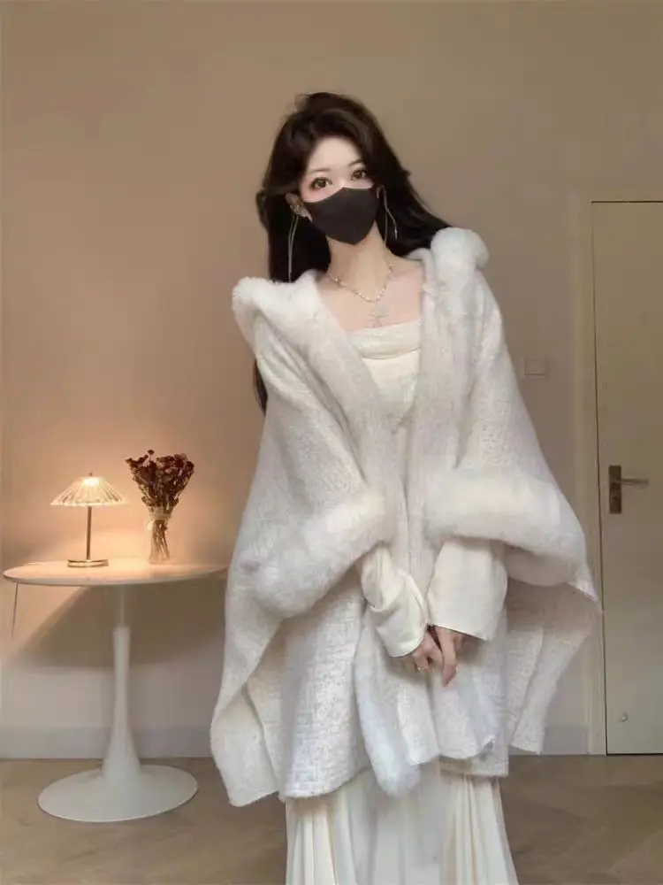 Осенне-зимняя шаль с воротником из кроличьего меха бархатное пальто женское