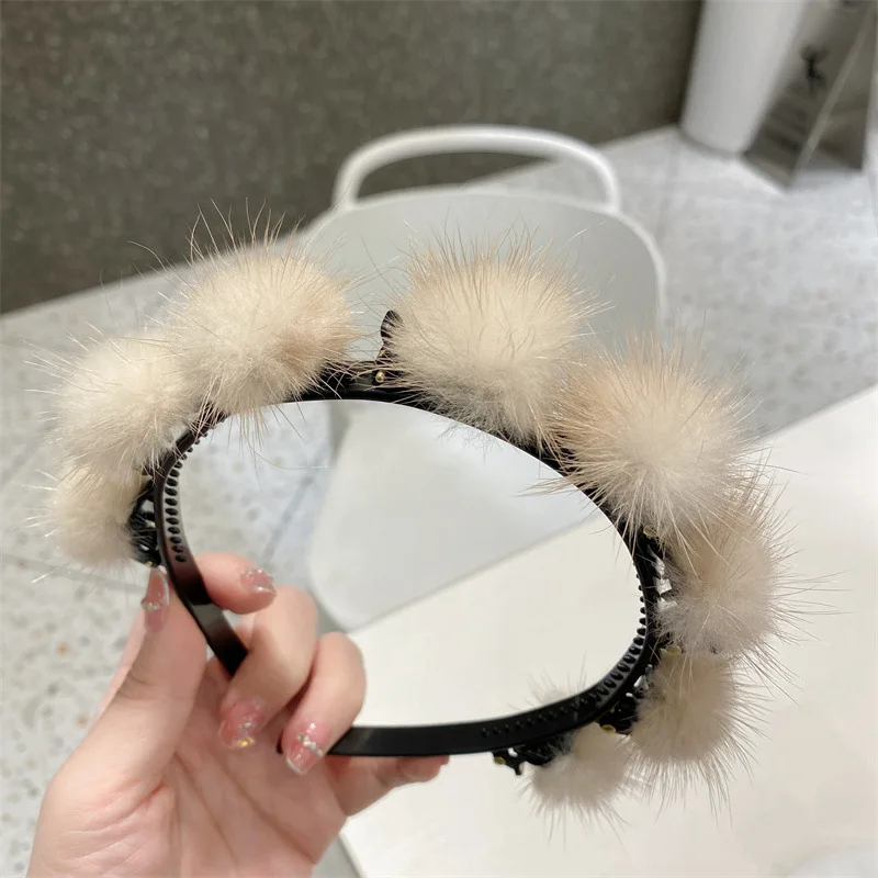 Faux Fur Non-Slip Alice Hairband Headband Women Hair Bands Hoop Claws Clips Double Bangs Hairstyle Hairpin Hair Accessories