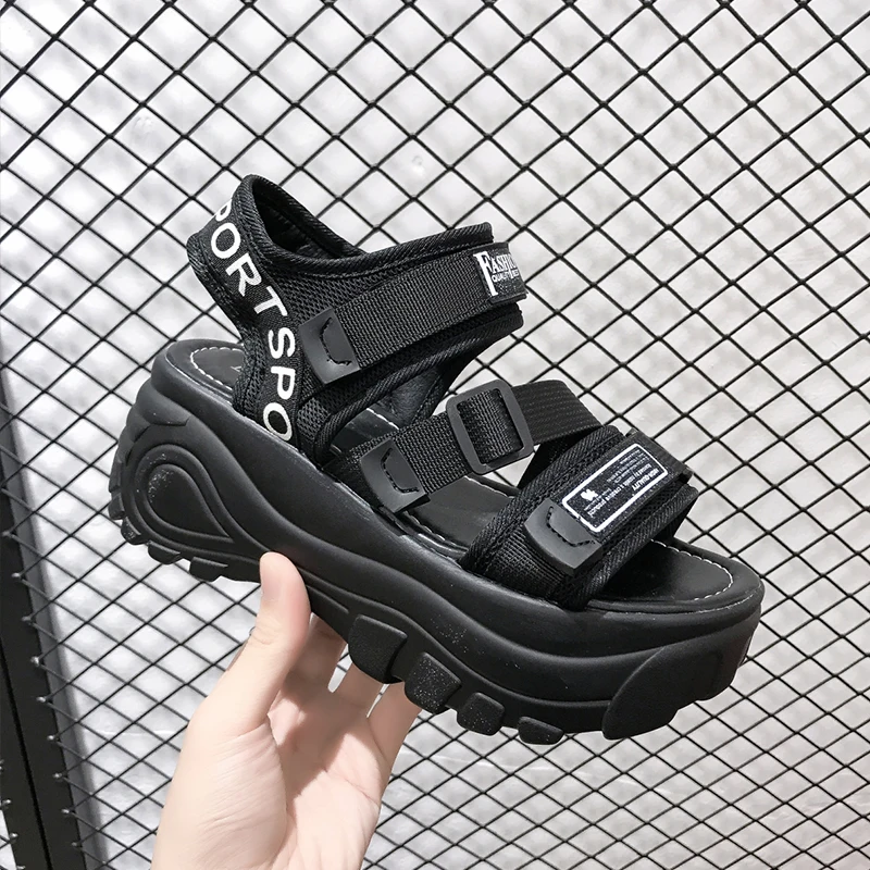 2022 Fashion Platform Sandals Hook & Loop Casual Summer High Heels Sandals Ladies Flats Hot Cool White Black Shoes For Women