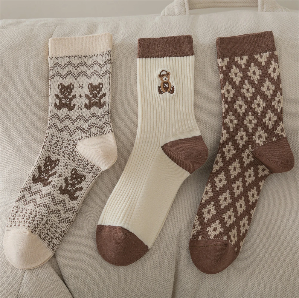 

Lattice Socks With Print Funny Winter Fun Japanese Style Medium Tube White Harajuku Bear Sweets Autumn Woman Kawaii Khaki Socks