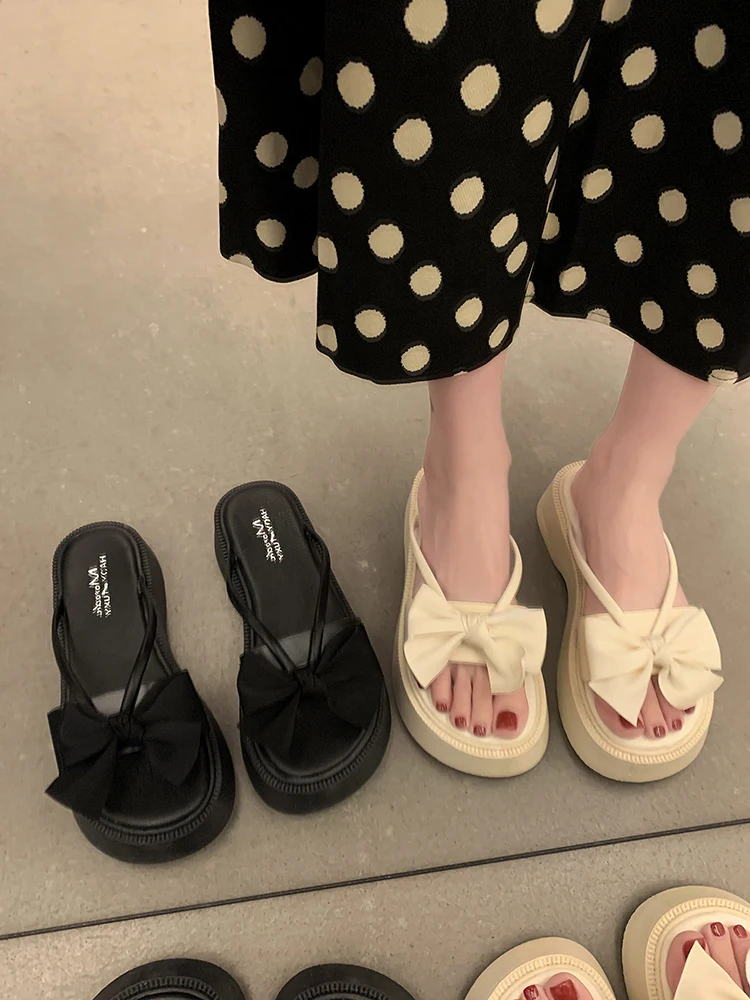 

Butterfly-Knot Shoes Woman's Slippers Platform Luxury Slides Med 2022 Flat Designer Soft Rubber PU Fashion Butterfly-knot