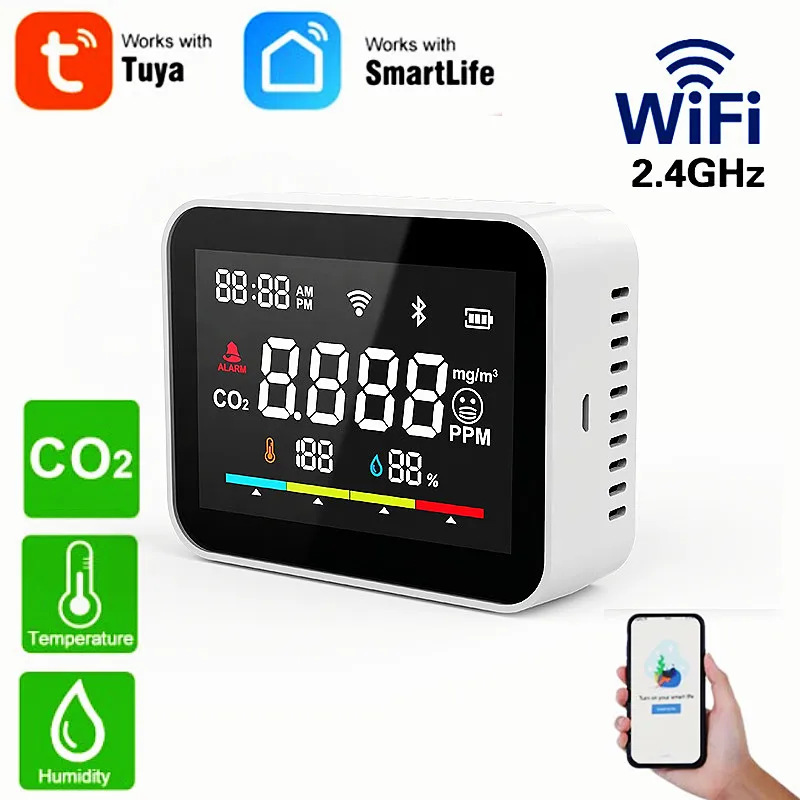 

Tuya WiFi Smart CO2 Detector,Smart Home Temperature Humidity Air Quality Monitor Smart Life Tuya App Alarm For Offices Kitchens