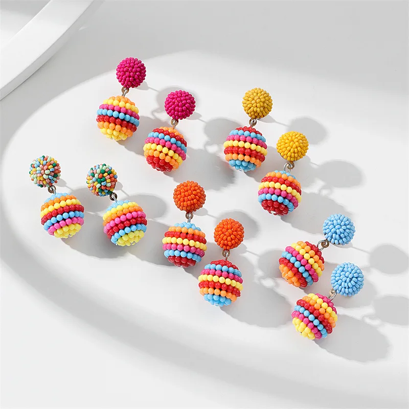 

Colorful Rice Ball Round Resin Pendant Drop Earrings Cute Beaded Metal Designer Earrings New Fashion Luxury Jewelry