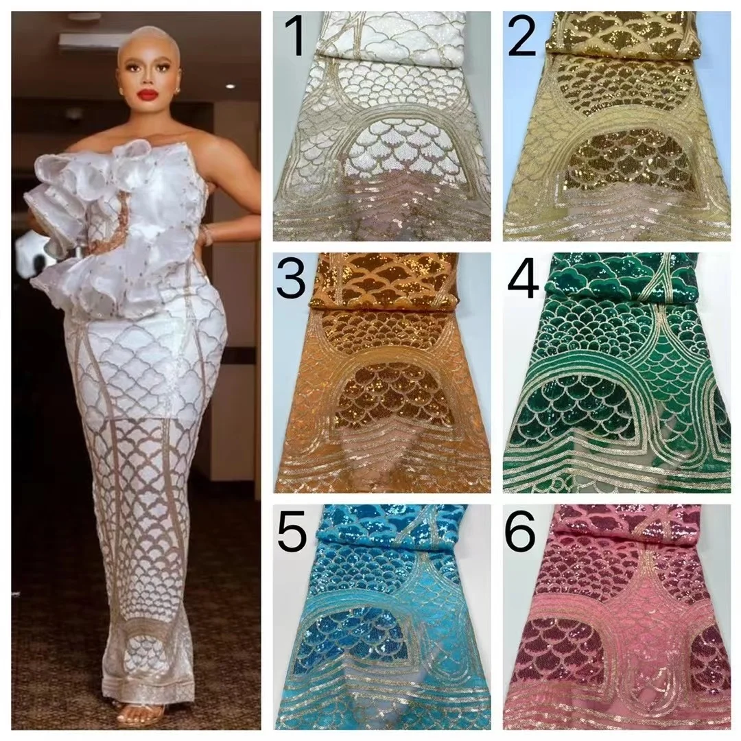 

3D Sequence Embroidered French Mesh Lace Bright Soft African Tulle Lace Inspired Fabric For Wedding Sewing Dress