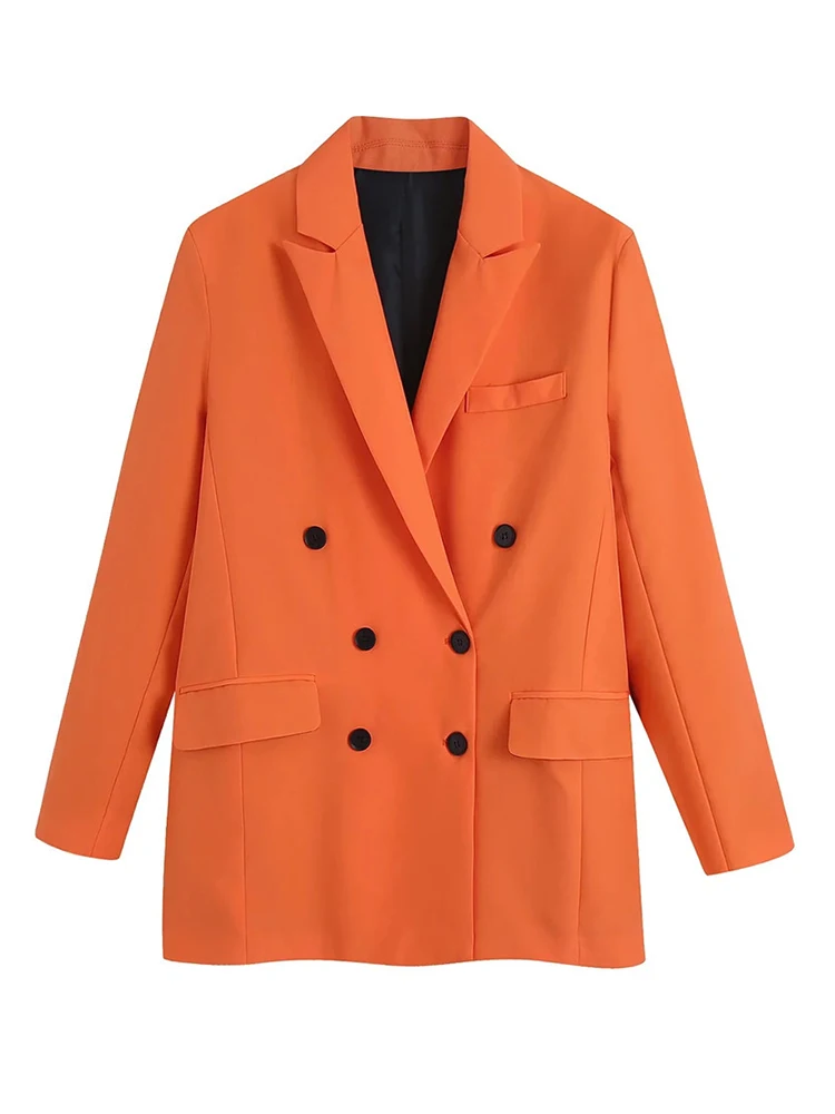 

Evfer Female Fashion Double Breasted Orange Straight Long Blazers Womens Casual Two Pockets Long Sleeve Spring Autumn Jackets