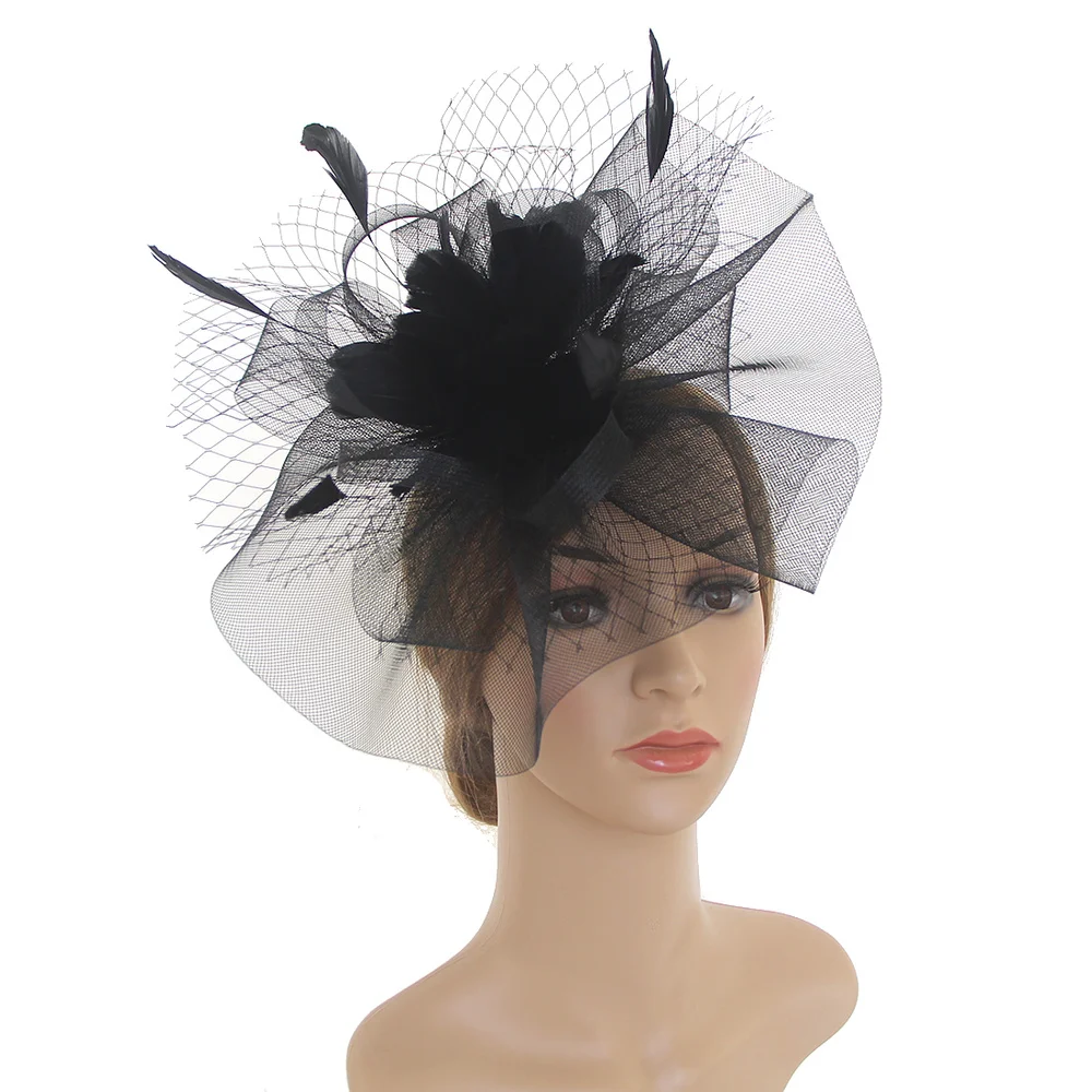 

Fancy Elegant Floral Feather Top Hat Vintage Mesh Headwear Wedding Party Ball Show Hairpin Hat Model Catwalk Hair Accessories