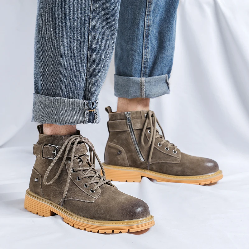 Мужские ботильоны на толстой подошве черные кожаные мотоциклетные ботинки